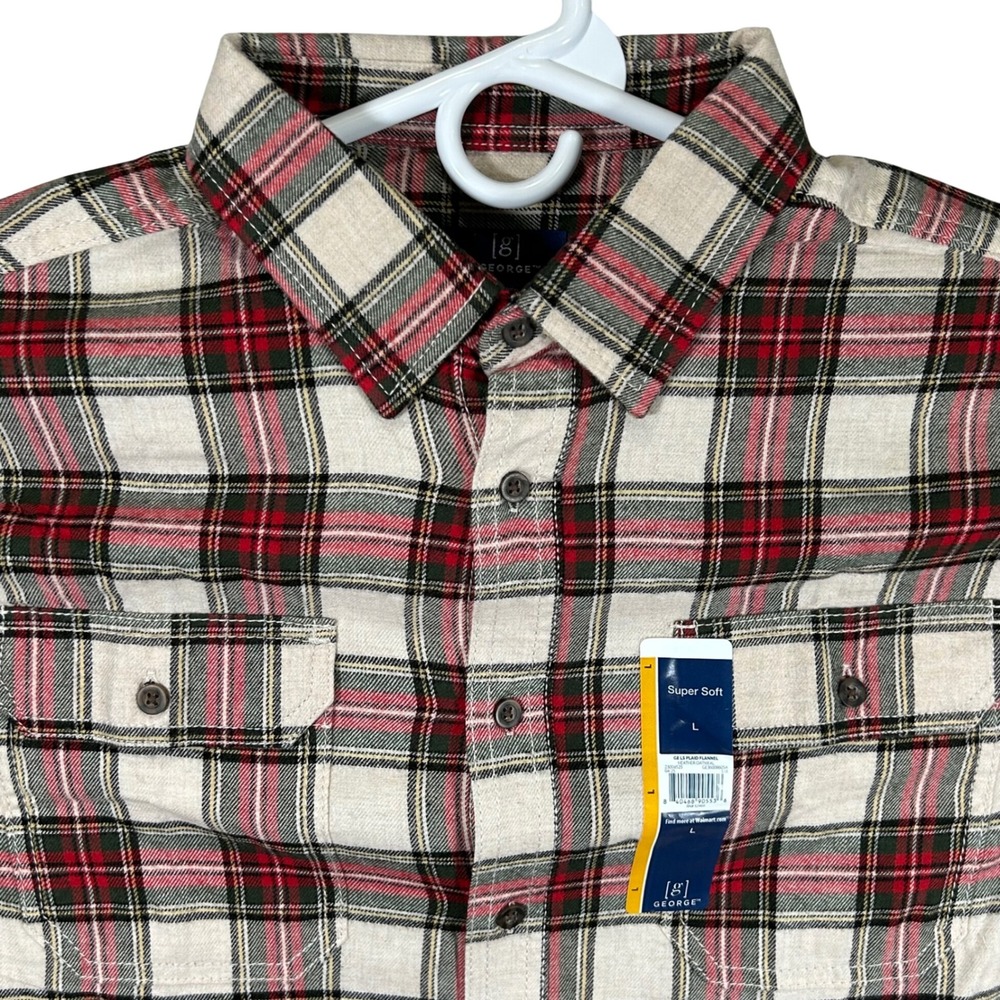 George Mens Super Soft Plaid Flannel Shirt Heather Oatmeal‎ Red Green Large New